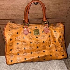 MCM Cognac Leather Satchel with Logo Print